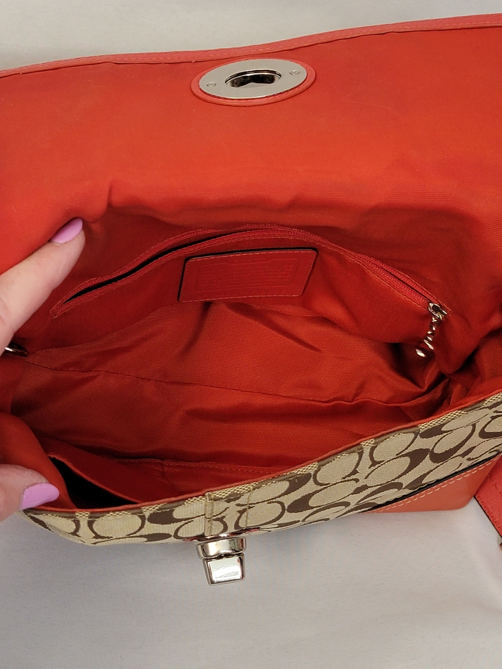 Coach Signature Canvas Crossbody in Tan and Orange Trim - Picture 11 of 15